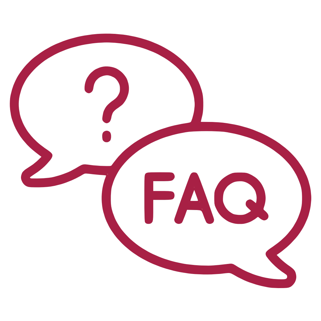 Das Icon zeigt zeigt zwei Sprechblasen. Links in der Sprechblase steht ein Fragezeichen. In der rechten Sprechblase stehen die Buchstaben FAQ.