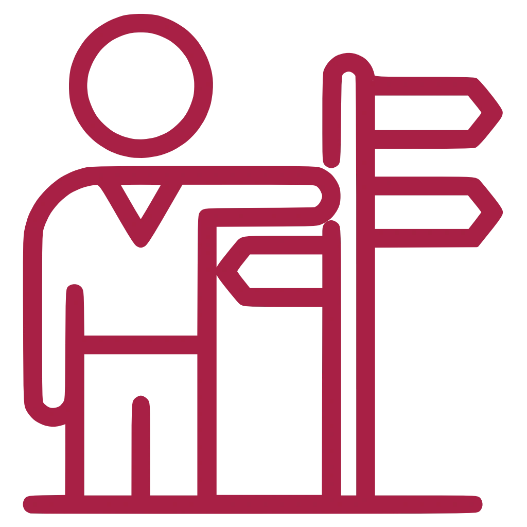 Das Icon zeigt eine Person, die nach rechts zeigt. Rechts neben der Person steht ein Wegweiser mit drei Pfeil-Schildern.