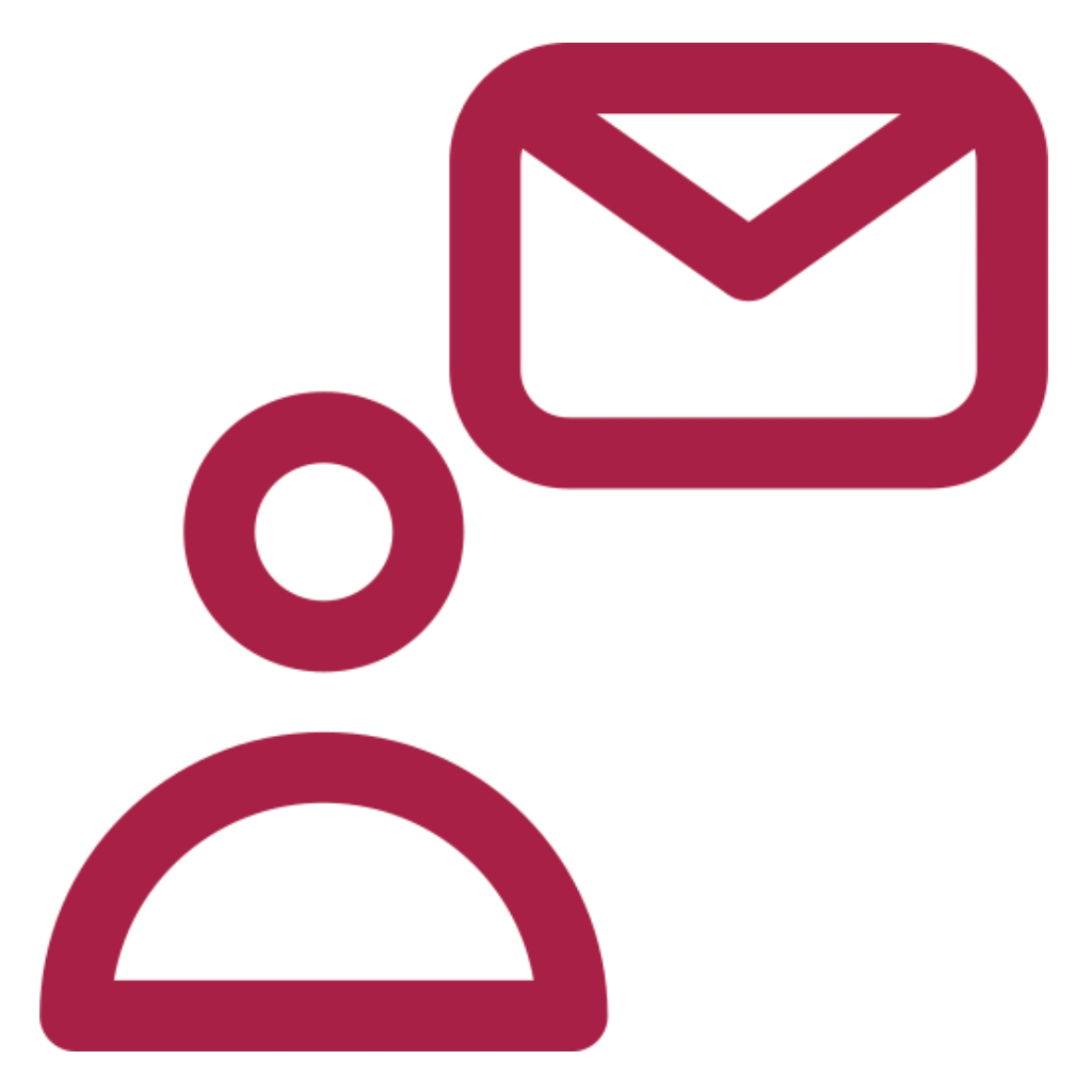 Das Bild zeigt ein Icon als Symbol für Kontakt. Oben rechts ein Briefumschlag für Mail und unten links einen Skizzierten Oberkörper eines Menschen.